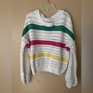 Willow & Clay White Sweater with Green, Pink, and Yellow Stripes